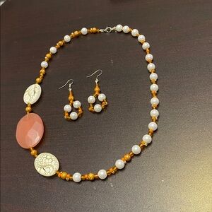 Chic Pearl and Orange Beaded Necklace Set
